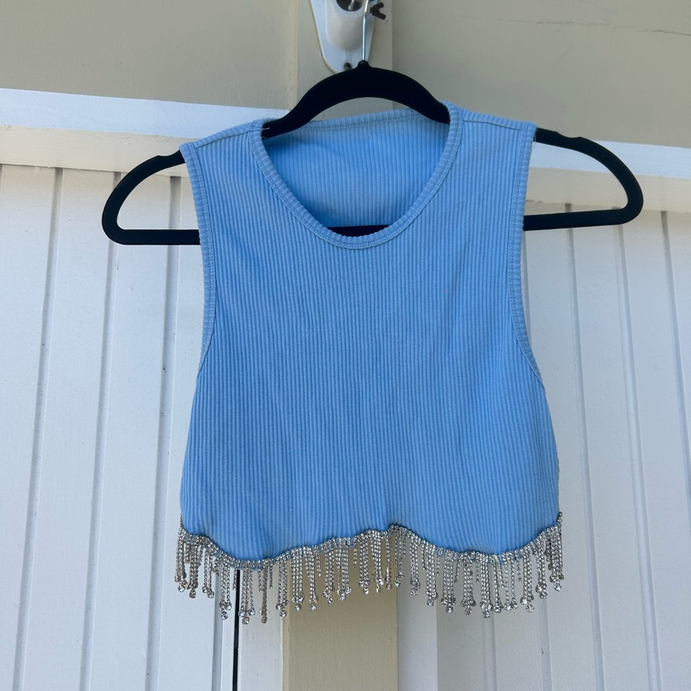 Blue Sleeveless Crop Top with Rhinestone Fringe